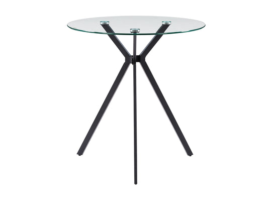 Modern glass bistro table with sleek black metal legs, round transparent glass top, and minimalist design, perfect for small dining spaces or contemporary kitchens.