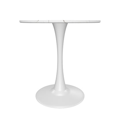 Round marbled bistro table, 35 inches, featuring a sleek white marble top with subtle gray veining, supported by a sturdy black metal pedestal base, ideal for modern dining spaces.