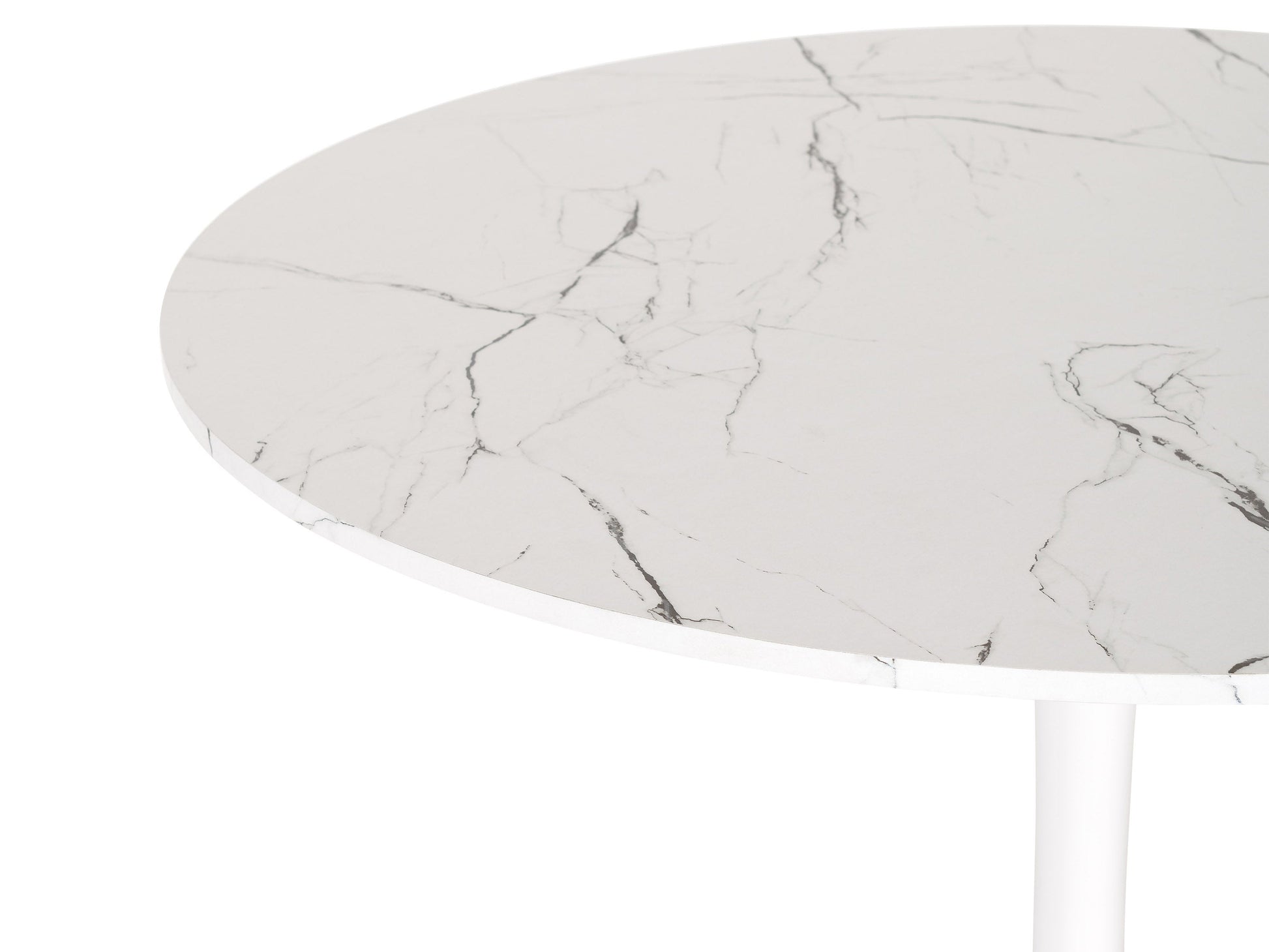 Round marbled bistro table with white and gray veined marble top, sleek black metal pedestal base, modern dining table 35 inches, perfect for small dining spaces or cafes.