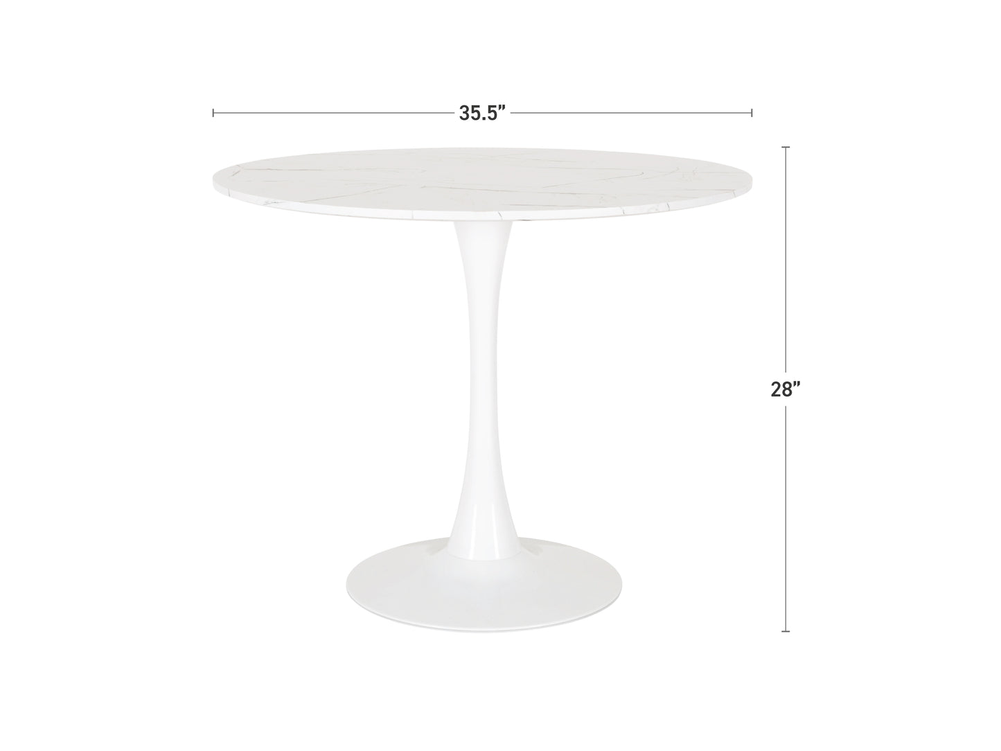 Round marbled bistro table with white and grey veining, 35-inch diameter, sleek black metal pedestal base, modern minimalist design, perfect for small dining spaces or cafes.