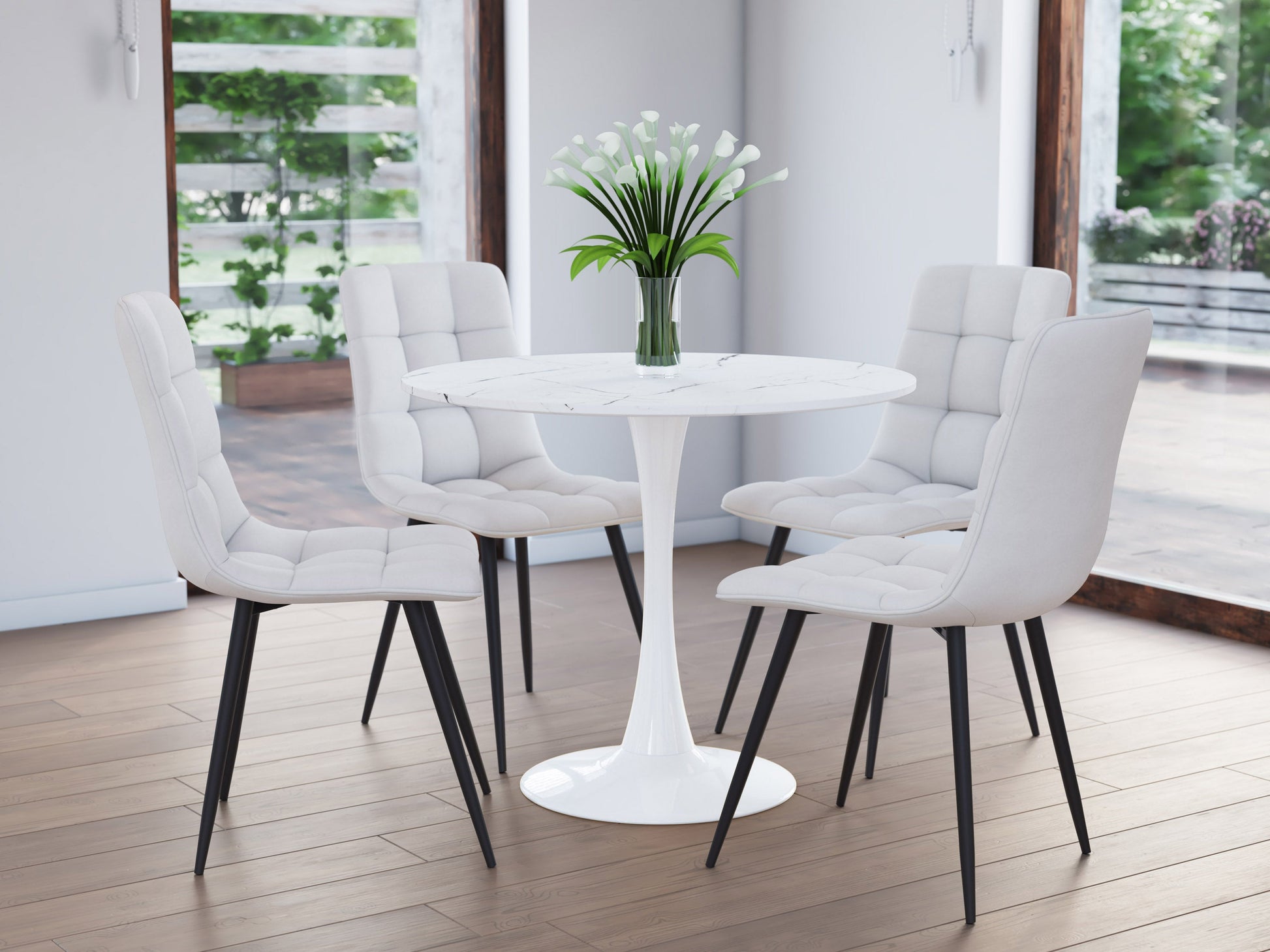 Round marbled bistro table with a 35-inch white marble top, sleek black metal pedestal base, and modern design. Ideal for small dining spaces or cafes, combining elegance and functionality.