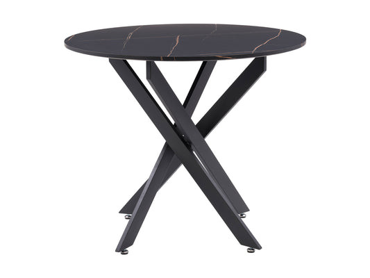 Modern black round dining table with sleek metal legs and smooth wooden surface, perfect for contemporary dining spaces. Ideal for small dining rooms or kitchen areas, adding a touch of elegance and functionality.