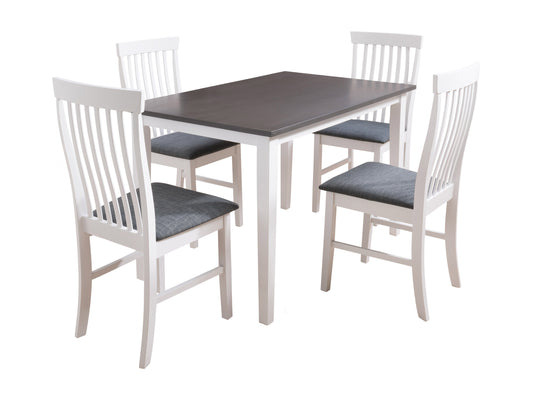 Modern grey and white 5-piece dining set with sleek metal frames, featuring a rectangular table with a smooth grey tabletop and four matching chairs with cushioned seats and white backrests, perfect for contemporary dining rooms.