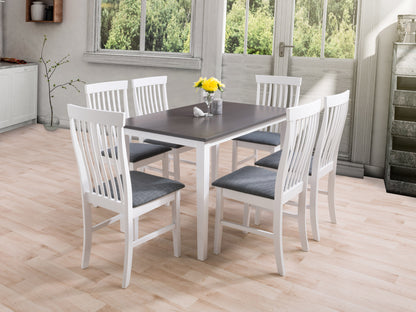 Grey and white 7-piece dining set featuring a sleek, modern design with cushioned chairs and a rectangular table, perfect for contemporary dining rooms.