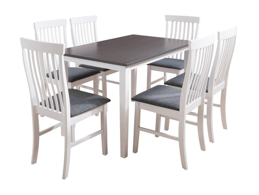 Grey and white 7-piece dining set featuring a rectangular table with a smooth grey top and white legs, accompanied by six matching chairs with cushioned grey seats and white wooden frames.