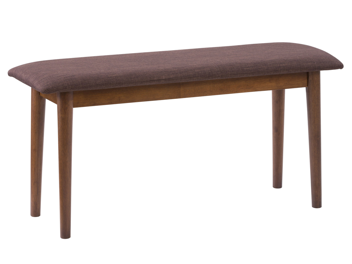 Mid-century modern dining bench with walnut finish, featuring a sleek black metal frame and cushioned seat in light grey fabric. Perfect for contemporary dining spaces, combining style and comfort.