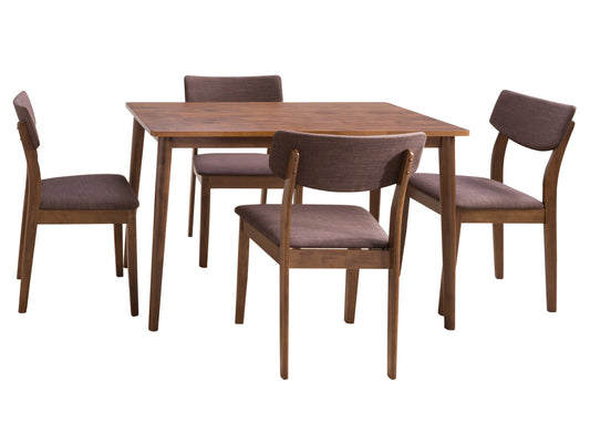 5-piece dining set featuring a sleek white tabletop with wooden legs, paired with four matching chairs with cushioned seats and wooden legs, perfect for modern or contemporary dining rooms.