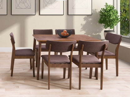 Modern dining table set for 6 with sleek black metal frame and rustic brown wooden tabletop, accompanied by matching black metal chairs with cushioned seats, perfect for contemporary dining rooms.