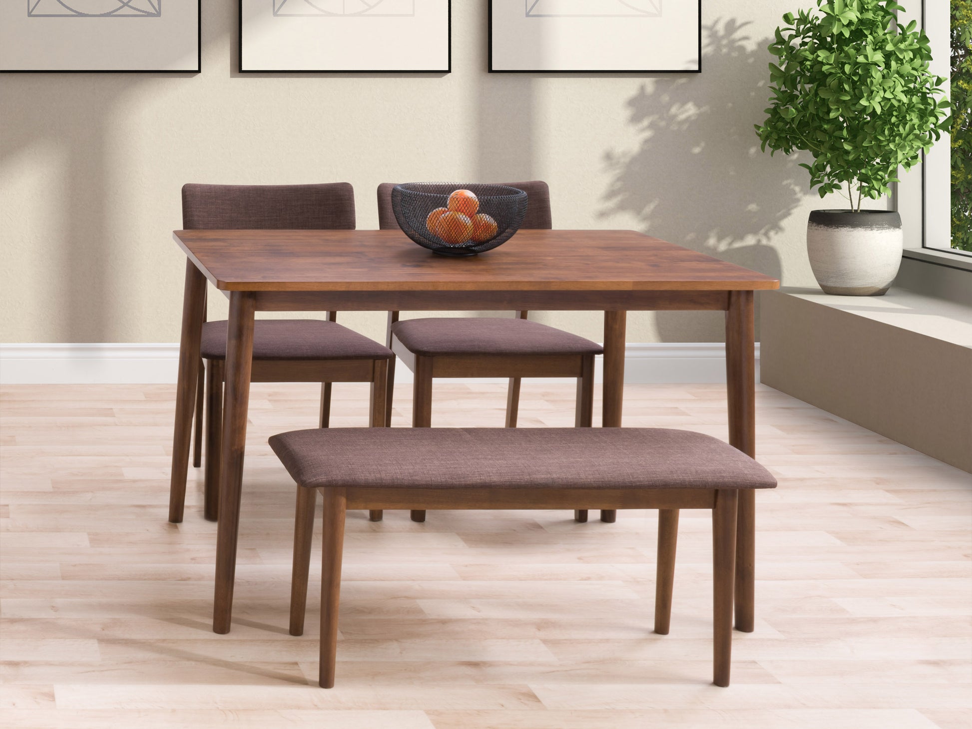 Modern 4pc dining set with sleek black metal frame, light wood tabletop and seats, and minimalist design; perfect for contemporary dining rooms or kitchens.