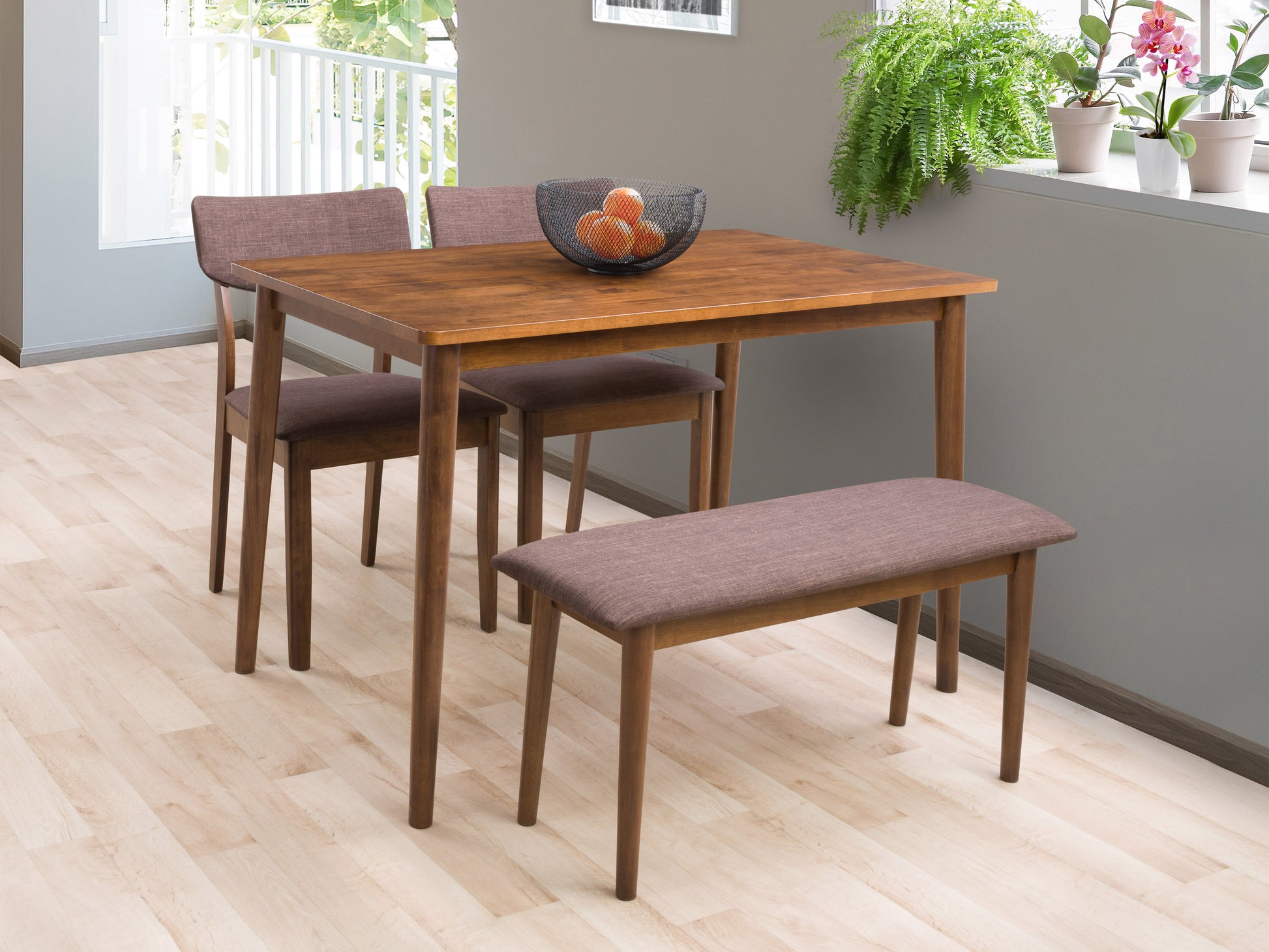 Modern 4-piece dining set with a sleek wooden table, two matching chairs, and a bench, featuring a natural wood finish and minimalist design, perfect for contemporary dining rooms and kitchens.