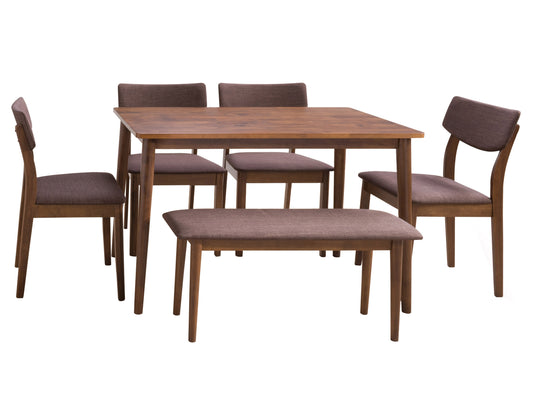 Modern 6-piece dining set with sleek black metal frame, light wood tabletop, and matching benches and chairs featuring cushioned seats. Ideal for contemporary dining rooms or kitchens.