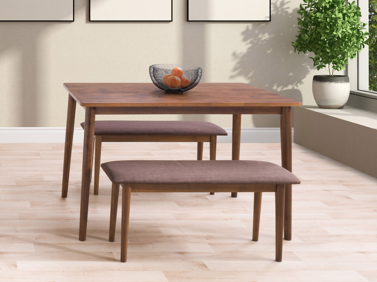 Modern 3-piece dining set with a round wooden table and two white cushioned chairs featuring sleek metal legs, perfect for contemporary kitchens or dining rooms.