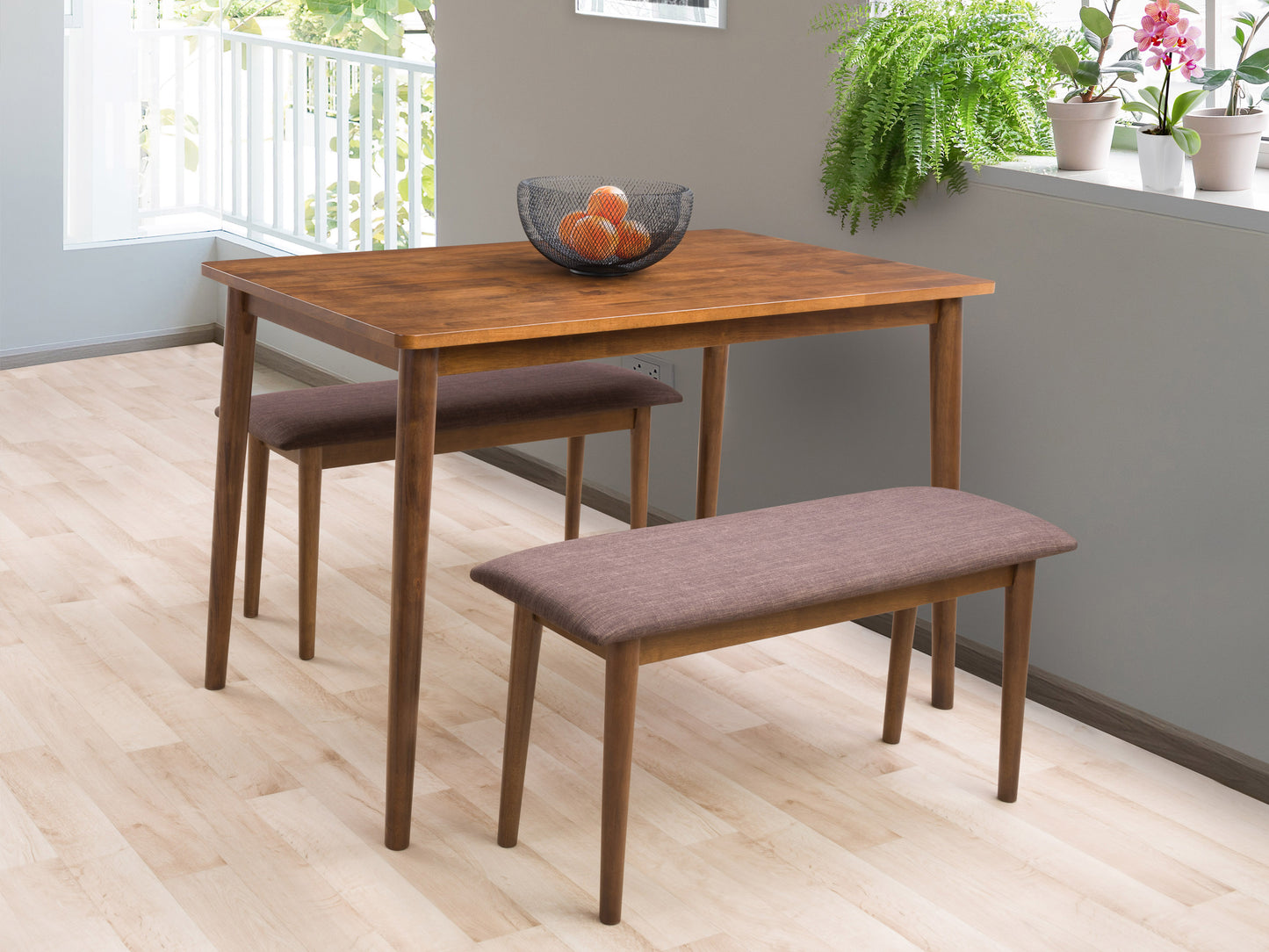 Modern 3-piece dining set with a sleek black metal frame and light wood tabletop; includes two matching benches with cushioned seats in a neutral beige fabric. Ideal for contemporary dining spaces.