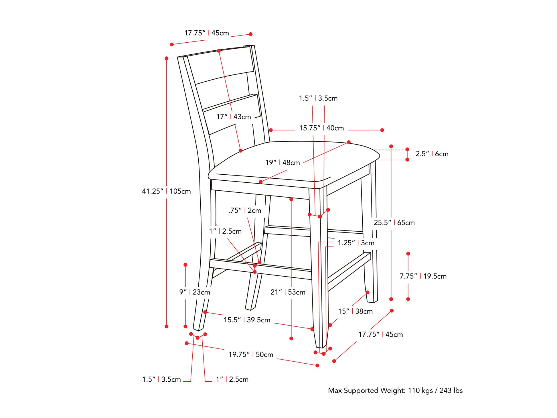 washed grey Counter Height Dining Chairs, Set of 2 Tuscany Collection measurements diagram by CorLiving#color_washed-grey