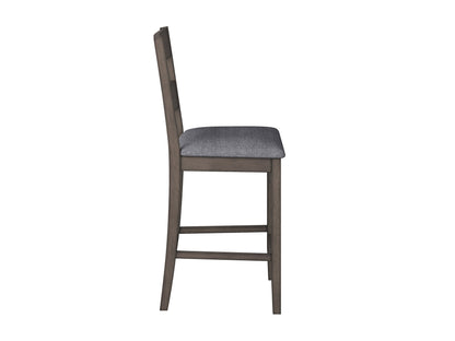 Counter height dining chairs set of 2 with dark wood legs, cushioned beige seats, and high backs featuring vertical slat design, perfect for modern dining rooms or kitchen islands.