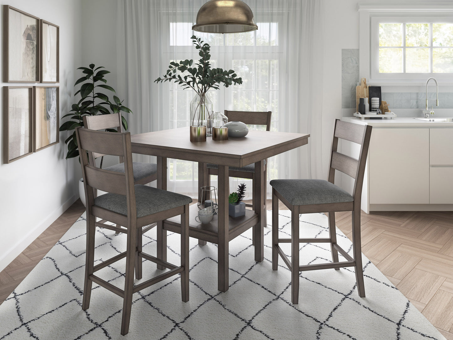 Set of two counter height dining chairs with dark brown wooden frames, upholstered in light beige fabric, featuring cushioned seats and backrests, perfect for modern dining rooms or kitchen islands.