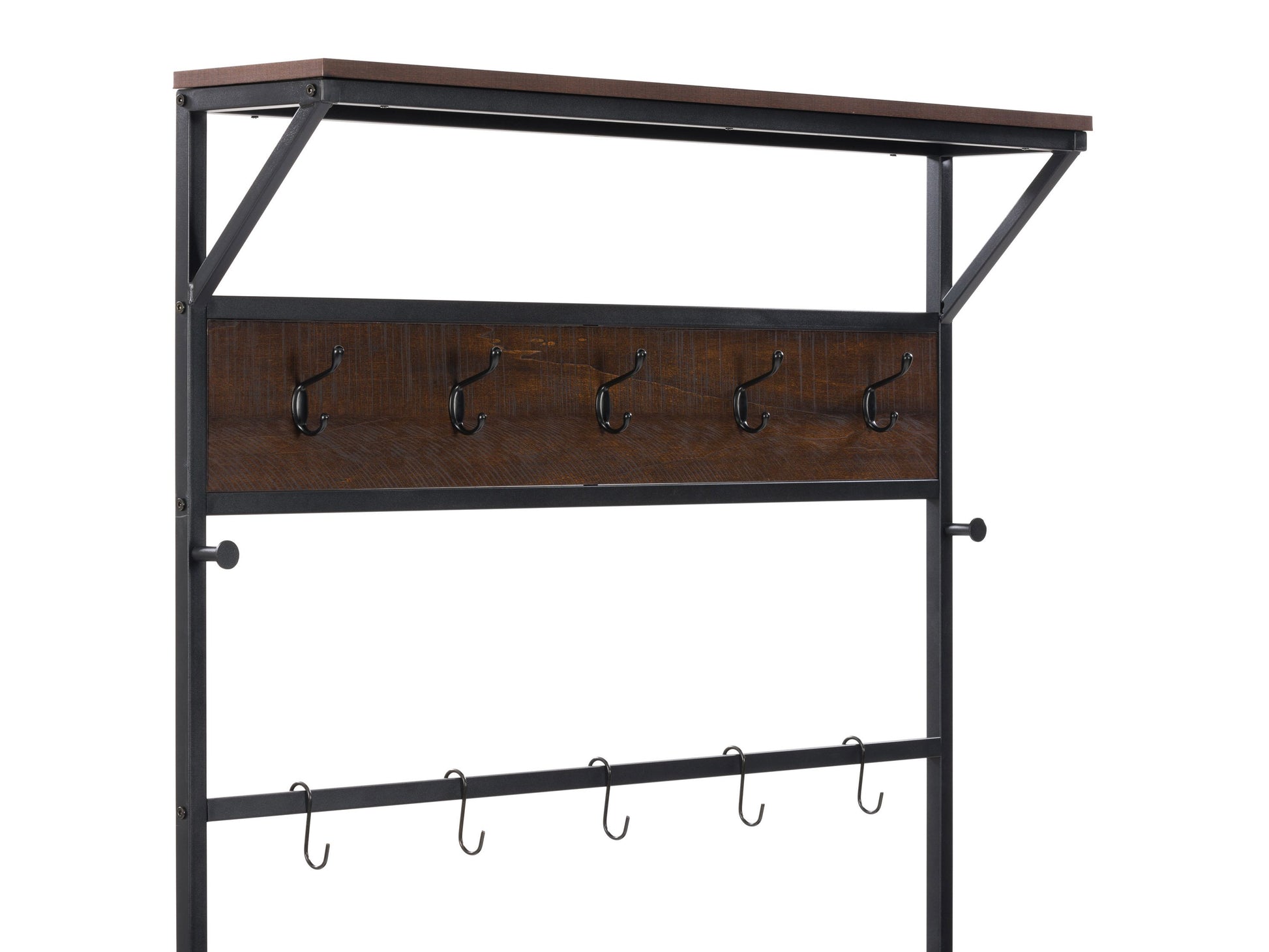 Hall tree with storage bench in dark wood finish, featuring four metal coat hooks, a top shelf for hats, and a cushioned seat. Ideal for entryway organization and adding rustic charm to your home.