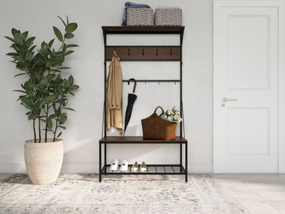 Modern hall tree with storage bench, featuring white wood frame, natural wood bench seat, four black metal hooks, and upper shelf. Ideal for entryways, offering stylish organization and seating.