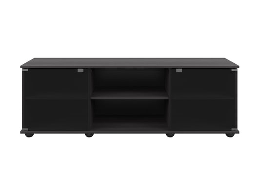 Modern TV stand with glass doors, suitable for TVs up to 75 inches, featuring a sleek black finish, sturdy wooden construction, and ample storage space with adjustable shelves.