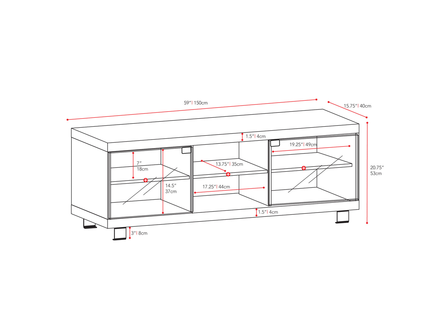 Rustic brown TV stand for TVs up to 75 inches, featuring a sturdy wooden frame with a rich walnut finish, two spacious cabinets with black metal handles, and open shelving for media storage.