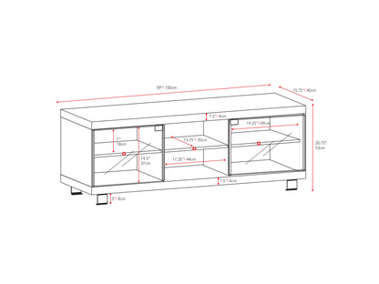 Rustic brown TV stand for TVs up to 75 inches, featuring a sturdy wooden frame with a rich walnut finish, two spacious cabinets with black metal handles, and open shelving for media storage.