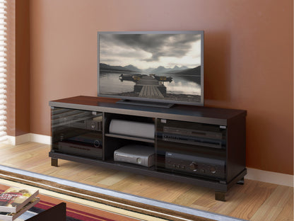 Modern wooden TV stand for TVs up to 75 inches, featuring a sleek black finish, open shelving, and two spacious cabinets with textured wooden doors for stylish storage and organization.