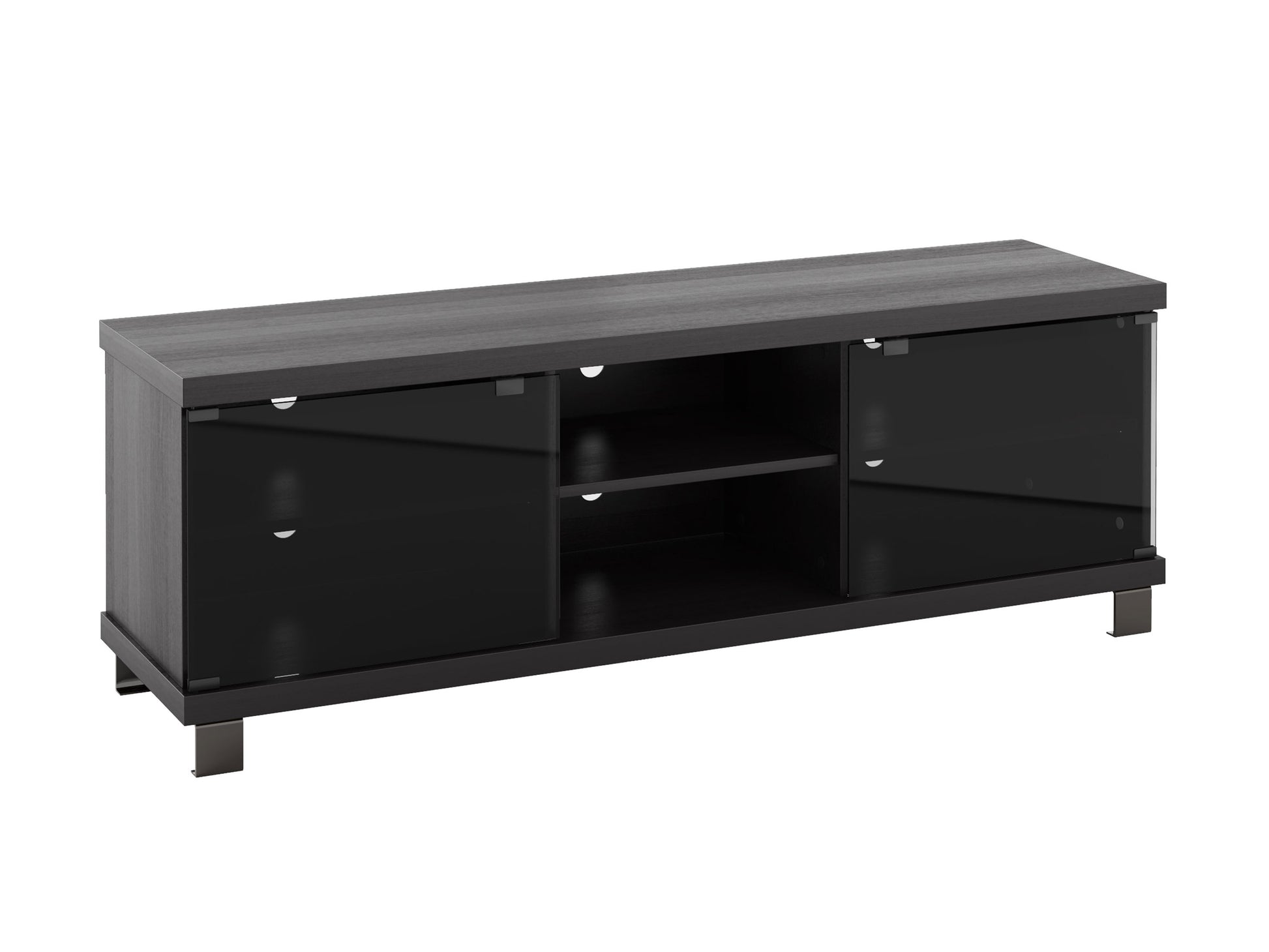 Modern TV stand for TVs up to 75", featuring a sleek black metal frame, dark wood shelves, and a minimalist design with open storage spaces and cable management system.