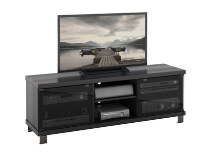 Modern wooden TV stand for TVs up to 75 inches, featuring a sleek dark wood finish, open shelving, and two spacious cabinets with silver handles, ideal for contemporary living rooms.