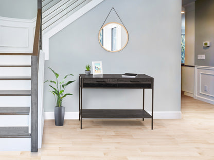 Rustic farmhouse console table with a distressed white finish, natural wood tabletop, and two open shelves. Ideal for entryways or living rooms, featuring sturdy wood construction and vintage charm.