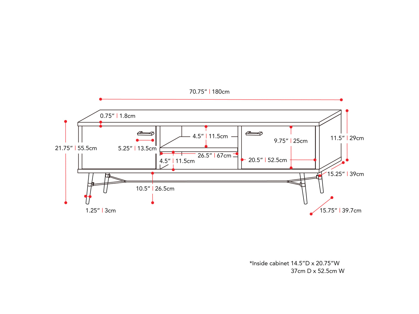 distressed warm beige white duotone Mid Century Modern TV Stand for TVs up to 85" Aurora Collection measurements diagram by CorLiving#color_distressed-warm-beige-white-duotone