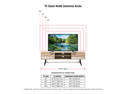 distressed warm beige white duotone Mid Century Modern TV Stand for TVs up to 85" Aurora Collection infographic by CorLiving#color_distressed-warm-beige-white-duotone