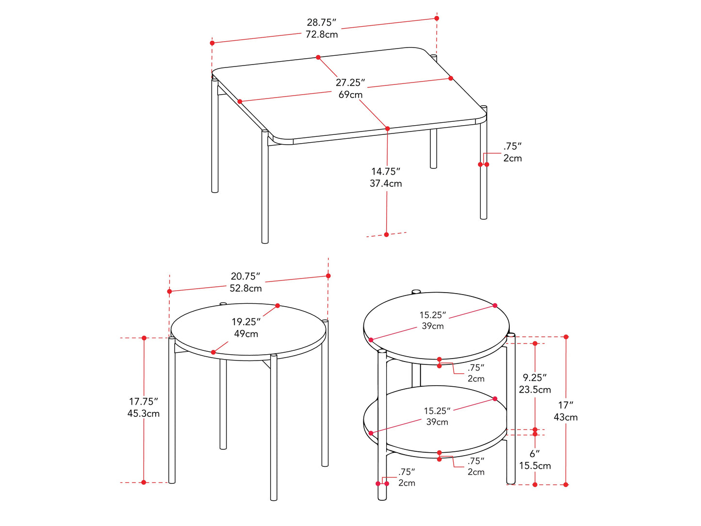 Modern 3 piece coffee table set with sleek black metal frames, tempered glass tops, and a minimalist design. Perfect for contemporary living rooms, the set includes one large and two smaller nesting tables.