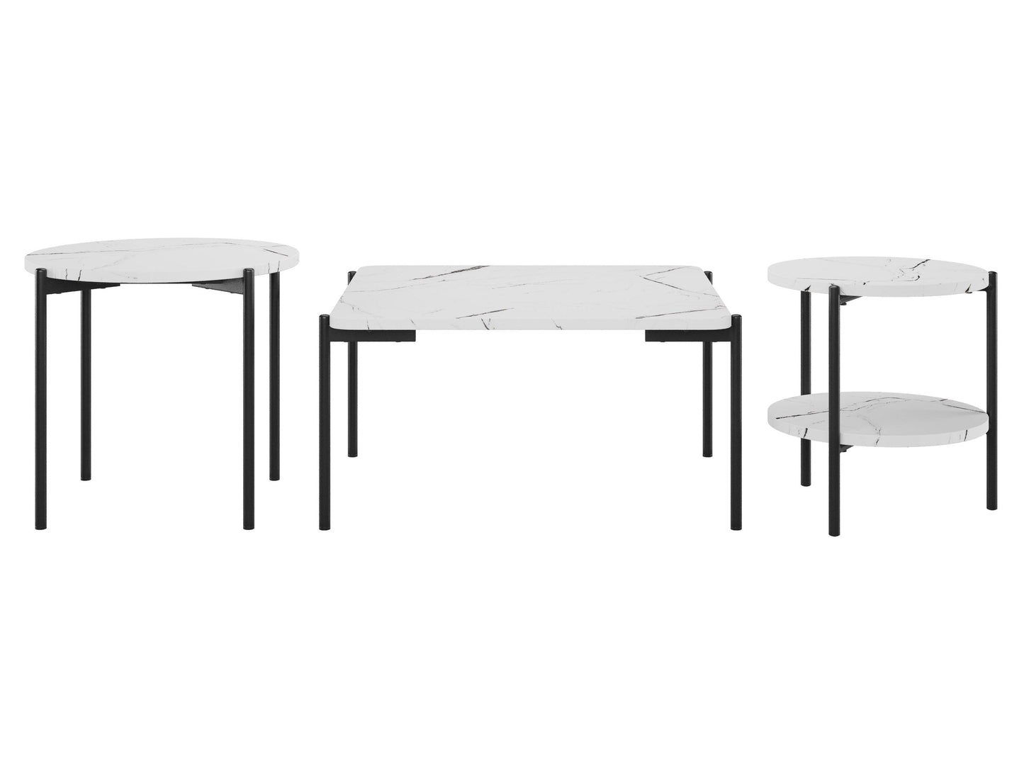 Modern 3 piece coffee table set with sleek black metal frames, tempered glass tops, and a minimalist design. Perfect for contemporary living rooms, the set includes one large and two smaller nesting tables.