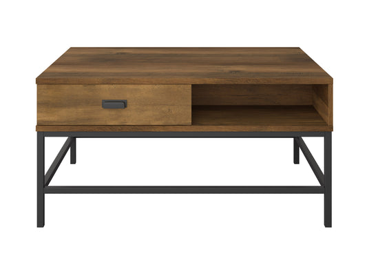 Farmhouse lift top coffee table with rustic brown wood finish, black metal frame, and lower shelf for storage.