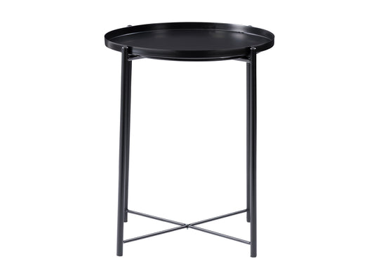 Black metal side table with sleek, minimalist design featuring a round top and sturdy, crossed legs. Ideal for modern living rooms or bedrooms, this stylish accent piece adds functionality and contemporary flair.