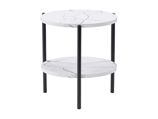 Round two-tier side table with a sleek gold metal frame and white marble shelves, perfect for modern living rooms or bedrooms.