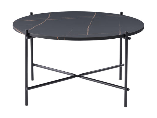 Black round coffee table with a sleek metal frame, glass top, and lower shelf for storage; modern design ideal for contemporary living rooms.