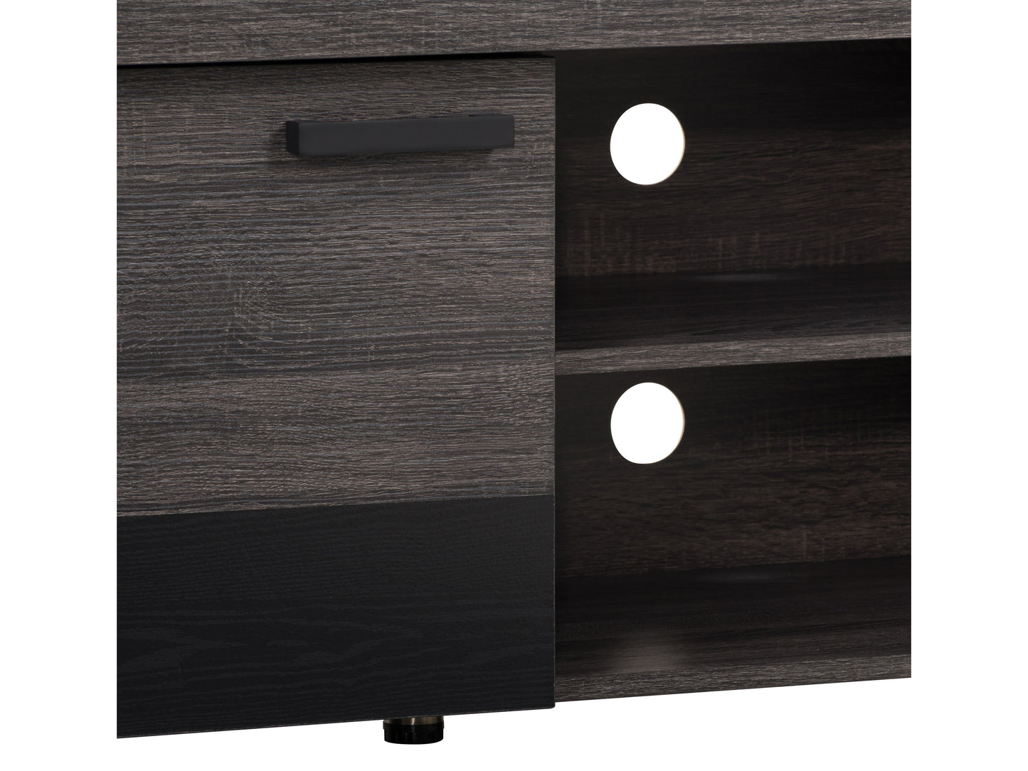 Modern TV stand with doors in sleek black finish, featuring wood grain texture, spacious storage compartments, and sturdy legs. Ideal for TVs up to 95 inches, perfect for contemporary living rooms.