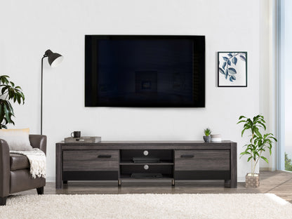 Modern white TV stand with natural wood doors, sleek metal handles, and open shelving, fits TVs up to 95 inches, perfect for contemporary living rooms.