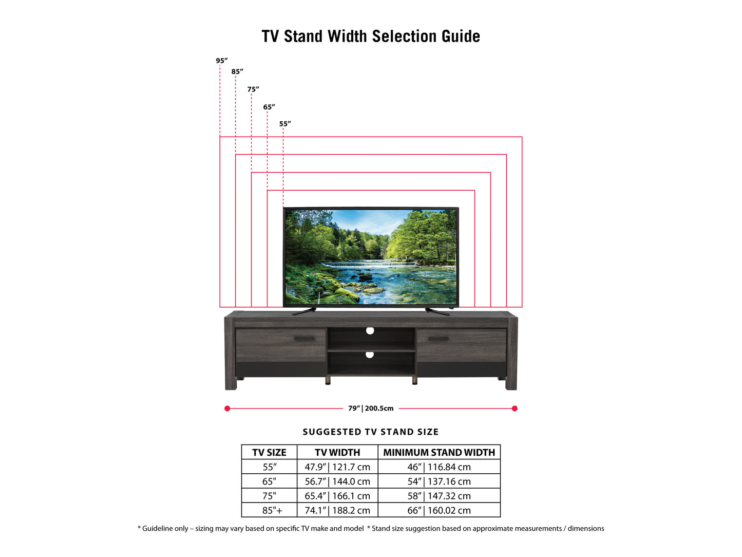 Modern TV stand for TVs up to 95 inches, featuring sleek white finish, two spacious cabinets with wooden doors, and open shelving for media devices, blending contemporary style with practical storage solutions.