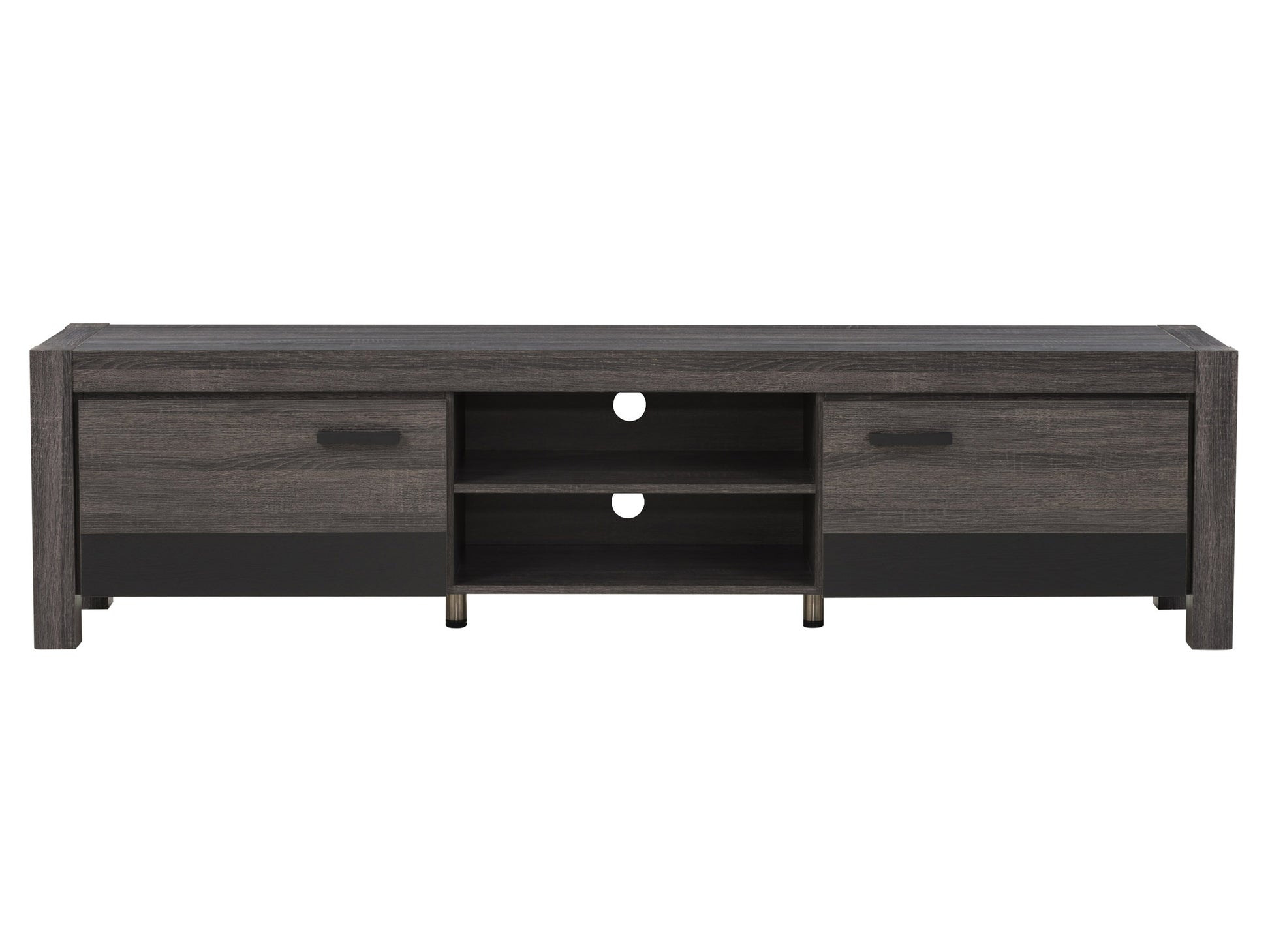 Modern wooden TV stand with doors, featuring a sleek black and natural wood finish, suitable for TVs up to 95 inches. Includes ample storage space with adjustable shelves and cable management system.