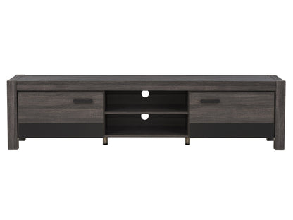 Modern wooden TV stand with doors, featuring a sleek black and natural wood finish, suitable for TVs up to 95 inches. Includes ample storage space with adjustable shelves and cable management system.