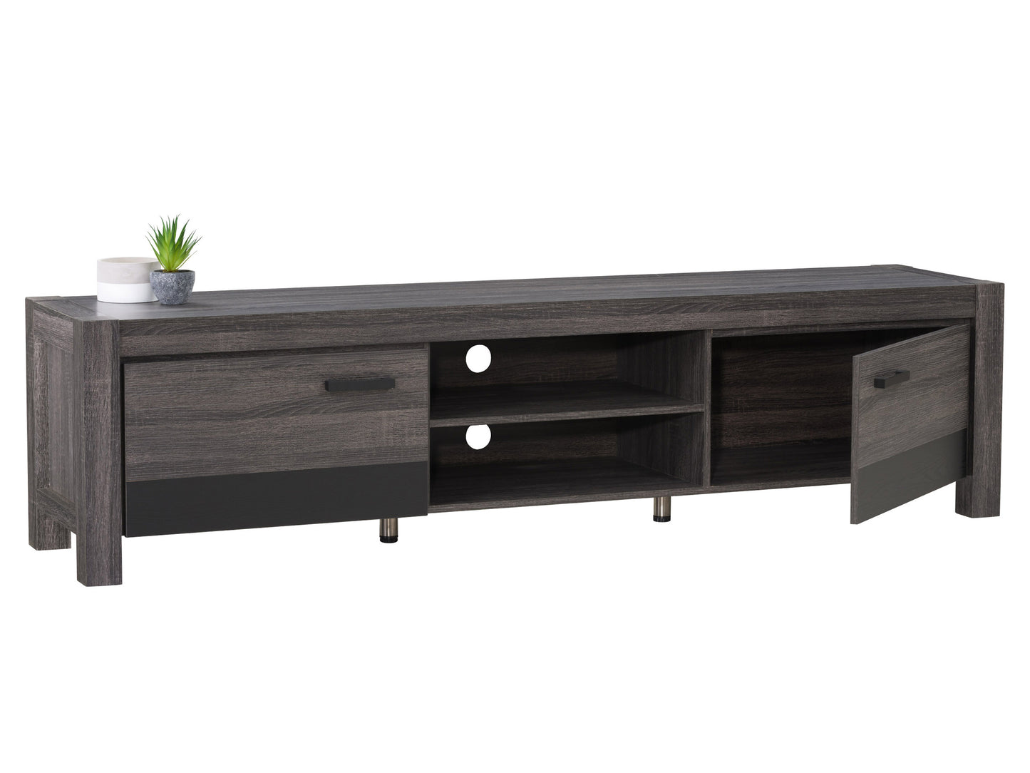 Modern TV stand with doors, suitable for TVs up to 95 inches. Features sleek black finish, wooden accents, and ample storage space with two cabinets and open shelving for media devices and decor.