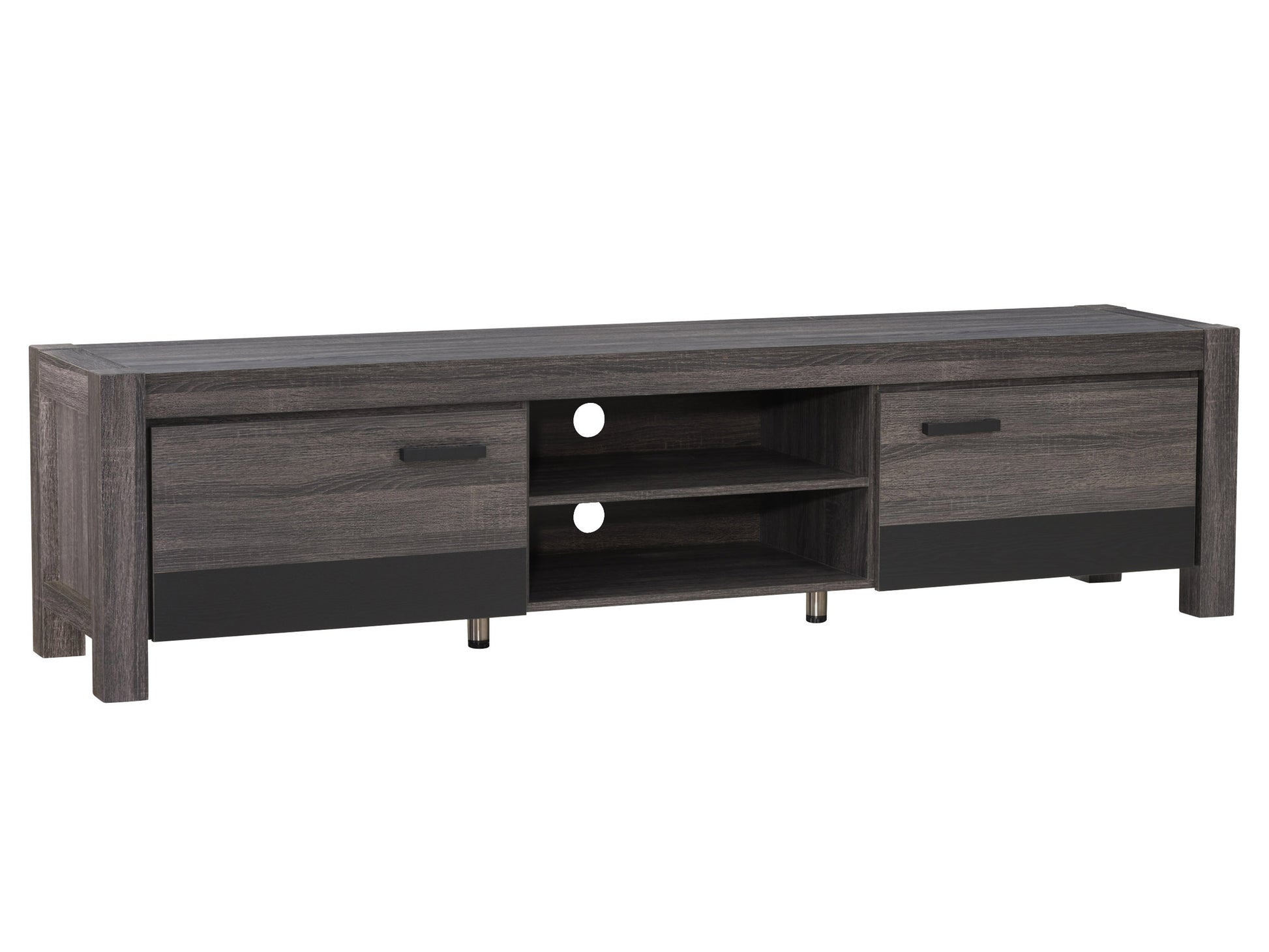 Modern TV stand in walnut finish with sleek black metal legs, featuring two sliding doors and open shelves, suitable for TVs up to 95 inches.