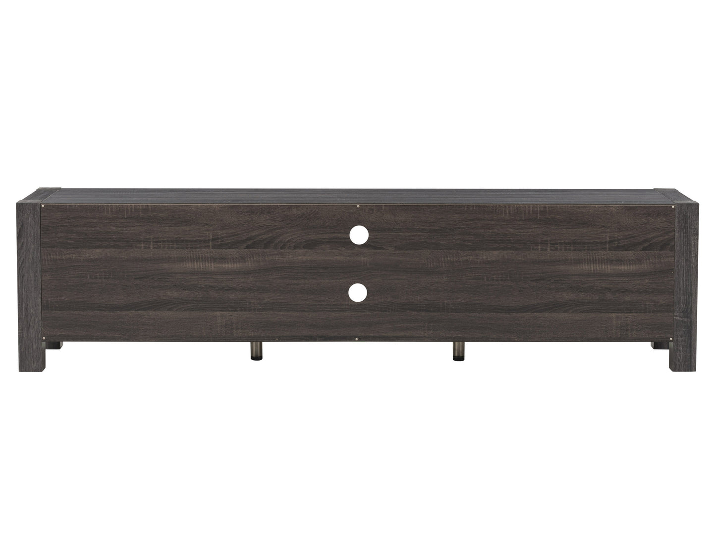 Modern wooden TV stand with doors, fits TVs up to 95 inches, featuring a sleek black finish with natural wood grain texture, minimalist design, ample storage space, and sturdy construction.