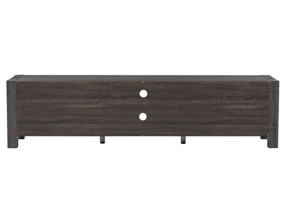 Modern wooden TV stand with doors, fits TVs up to 95 inches, featuring a sleek black finish with natural wood grain texture, minimalist design, ample storage space, and sturdy construction.