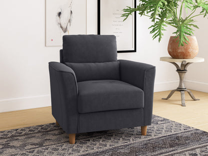 Modern armchair with sleek gray fabric upholstery, wooden legs, and a minimalist design, featuring a comfortable cushioned seat and backrest, perfect for contemporary living rooms or offices.