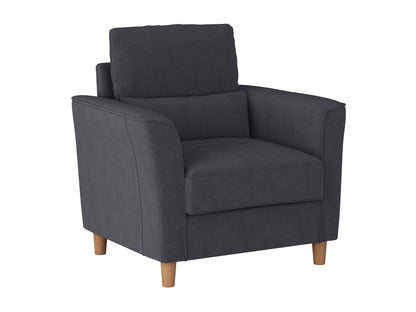 Modern arm chair in light gray fabric with wooden legs, featuring a minimalist design, curved armrests, and a cushioned seat for comfort. Ideal for contemporary living rooms or office spaces.