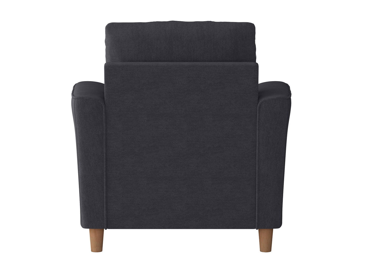 Modern armchair with sleek grey fabric upholstery, dark wooden legs, and a minimalist design perfect for contemporary living rooms and offices.