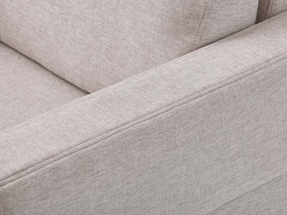 Modern gray fabric loveseat with tufted backrest, wooden legs, and two seat cushions. Ideal for small living spaces, this stylish and comfortable 2-seat sofa features a contemporary design and durable upholstery.